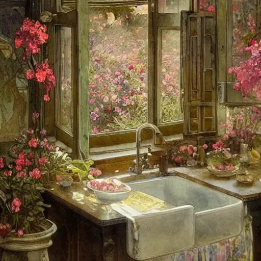 Image similar to a beautifull intricate watercolour painting of a victorian kitchen with many flowers, reflexions, verry high details by william turner art, greg rutkowski and alphonse mucha, trending on artstation, very very detailed, masterpiece,