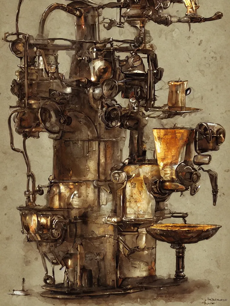 Image similar to ancient coffee machine, by Simon Stalenhaag, by Yoshita Amano, by Esao Andrews, sharp focus, fresh colors, conceptart