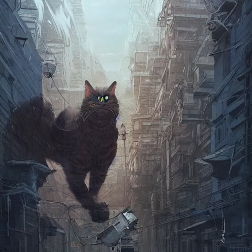 Image similar to gigantic cat walking on apocalyptic city, very detailed fine art, trend of artistation, style of kadinskyi and repin and greg rutkowski and ilia kuvshinov