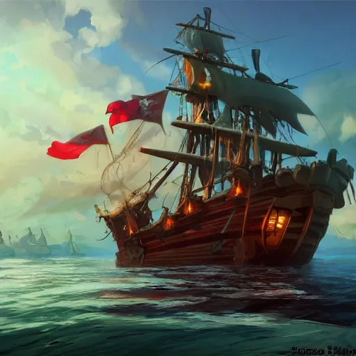 Image similar to a large pirate ship floating on top of a body of water, pirates flag , cgsociety, fantasy art, 2d game art, official art, concept art , behance hd , concept art by Jesper Ejsing, by RHADS, Makoto Shinkaic