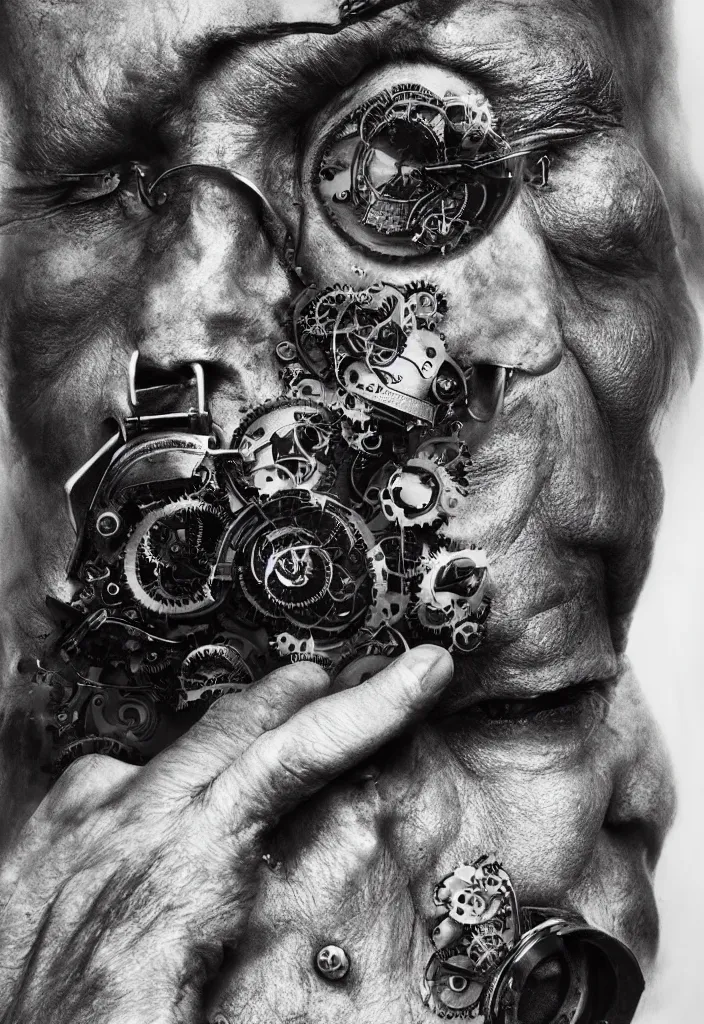 Prompt: full frame steampunk hybrid organic zipped face, by lee jeffries, gelatin silver process photo, erik johansson,