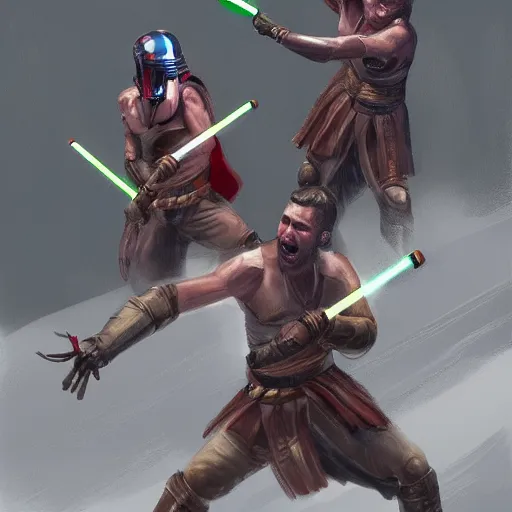 Prompt: gladiators in the colosseum fighting with lightsabers, digital art, detailed, realistic, artstation