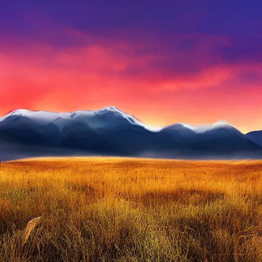 Prompt: ultra realistic, beautiful landscape with snow mountains on the background, grass field in the foreground, sunset with some clouds, warm colors, peaceful, mist