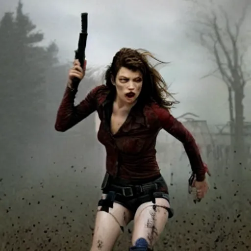 Prompt: mila jovovich running away from zombies. detailed. tense. pretty. moody. - n 9