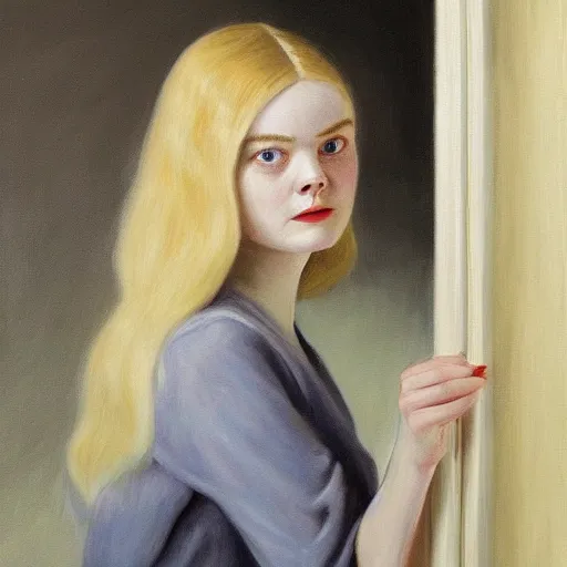 Prompt: Painting of Elle Fanning in The Shining, long blonde hair, delicate, pale milky white porcelain skin, by Edward Hopper. 8K. Extremely detailed.