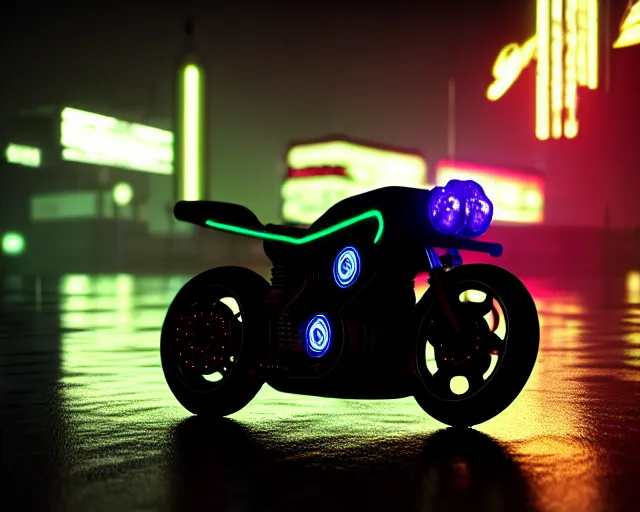 Prompt: concept art of a cyberpunk motorbike moving towards the camera on wet cyberpunk city streets at night cyberart in the style of liam wong in the film akira rendered in octane, 3 d render, trending on cgsociety, blender 3 d, displacement mapped, 8 k