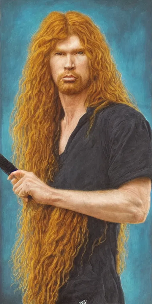 Image similar to Pre-Raphaelite portrait of Dave Mustaine from Megadeth, with very long blond hair and grey eyes