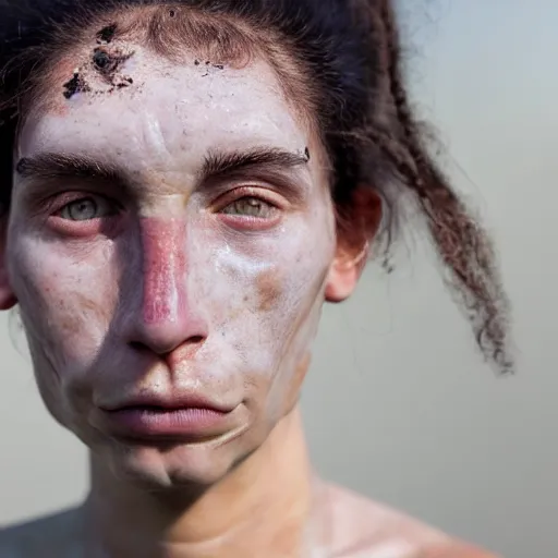 Prompt: minimalist photography portrait of a neanderthal woman, symmetrical, super close up, facial scar, mid thirties, freckles, cute round slanted eyes, sunburn, wide nostrils, high cheekbones, high flat eyebrows, ethereal essence, angelic, leica 1 0 0 mm f 0. 8