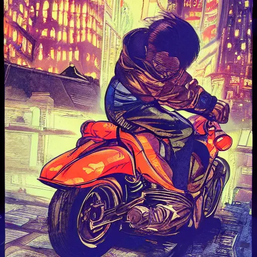Image similar to kaneda on his motorcycle in neo tokyo looking for akira, night, neon lights, speed, art by katsuhiro otomo, ultra detailed, 8 k