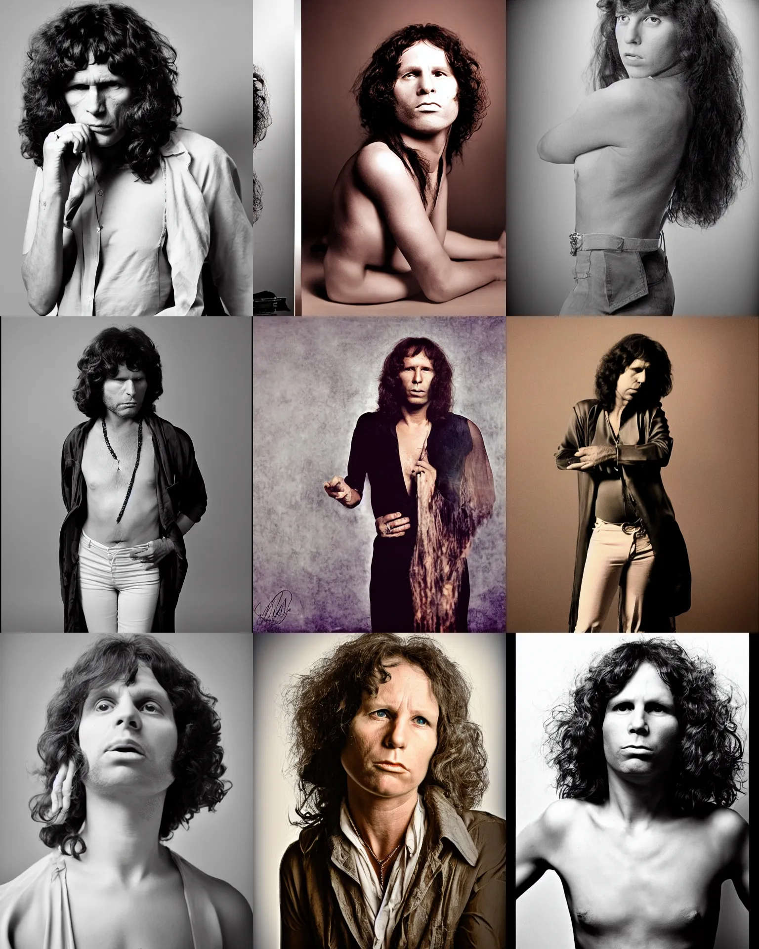 Prompt: If Jim Morrison of the doors was born Female, photographed in the Style of Annie Leibovitz, studio lighting,