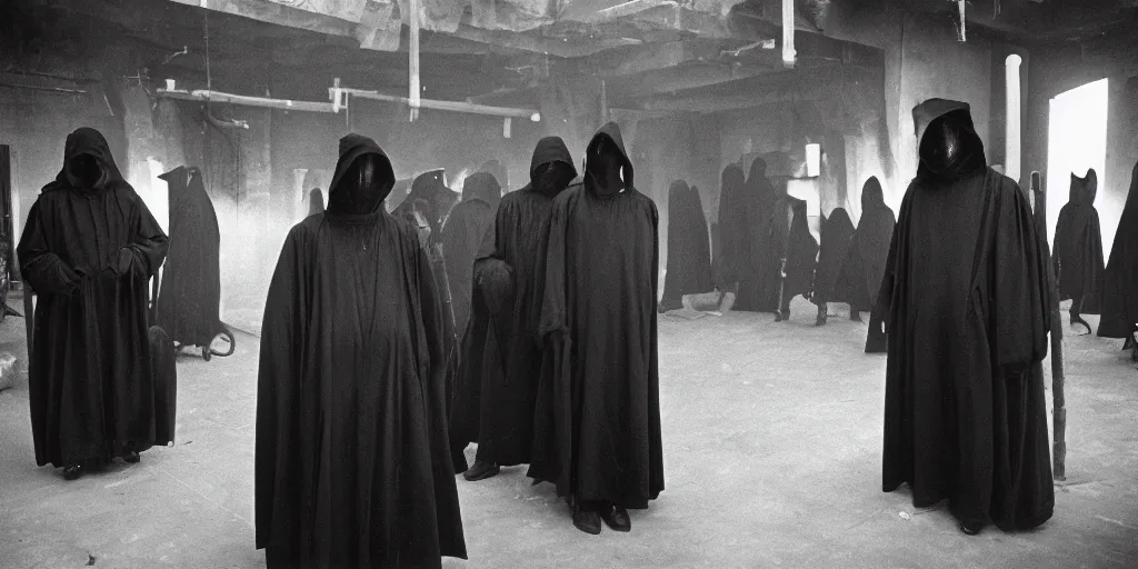 Prompt: in the club getting tipsy a circle black robed and hooded plague doctors , frightening, ghastly, photorealistic, old film, 35mm film, found film, scary, ominous,, by bruce davidson, on hasselblaad