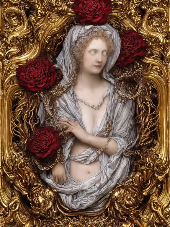 Prompt: a beautiful render of catholic rococo roses veiled red queen sculpture with symmetry intricate detailed,by Edward Burne-Jones and Lawrence Alma-Tadema and aaron horkey and NekroXIII and Billelis and peter gric,Trending on artstation,ZBrush,maximalist,glittering,gold,silver,ivory,hyperreal,golden ratio,cinematic lighting