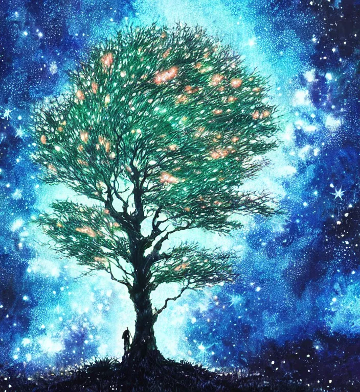 Prompt: ( tree made out of galaxy and stars ), trending on pixiv fanbox, painted by makoto shinkai takashi takeuchi studio ghibli, akihiko yoshida, yoshitaka amano, wangechi mutu, clean cel shaded vector art, illustration, hd, 8 k