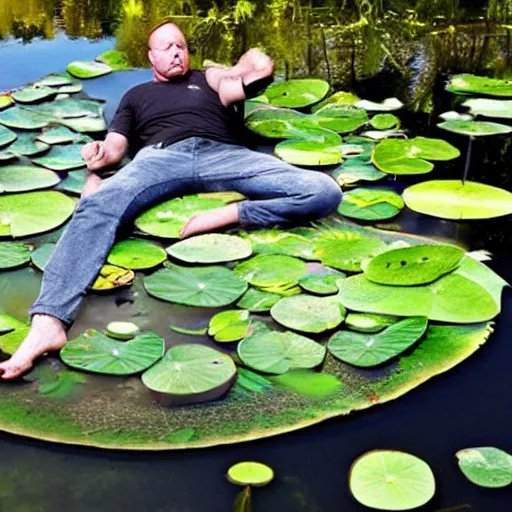 Image similar to alex jones infowars, lying on lily pad, pond, rainbow water, surreal