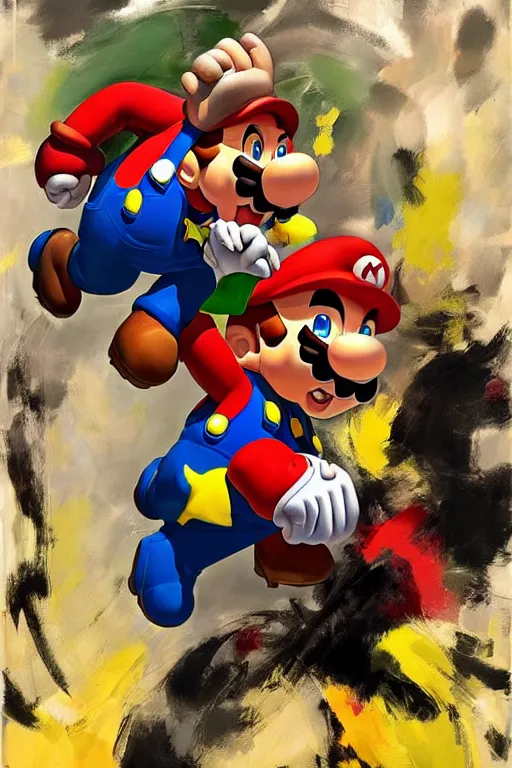 Image similar to abstract figurative rendition of super mario fighting bowser by'phil hale '!!! exaggerated lanky proportions, motion lines,'action lines '!!! graphic style, visible brush strokes, ( ( messy ) ) blurry