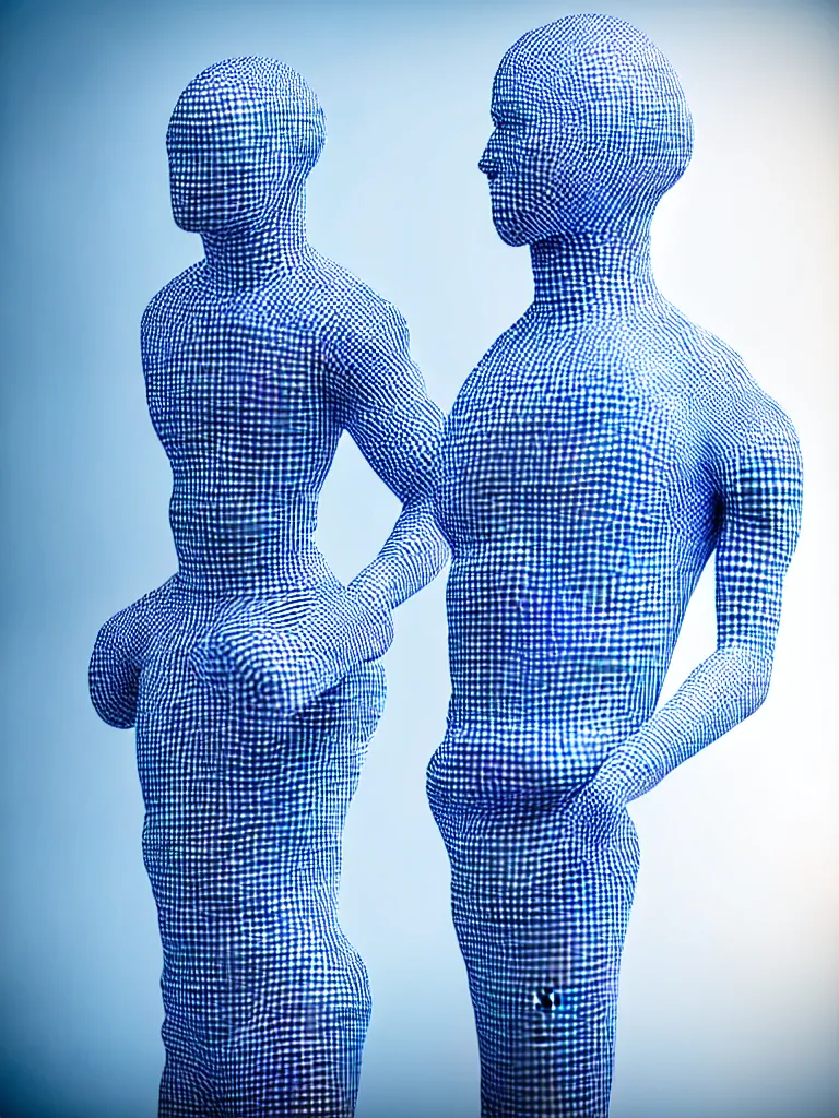 Image similar to a fine art photograph formal self sculpture by the artist kelbv, in distinct hyper realistic style with tubes neatly navigating the contours of his body, and fragmented body littered with light blue and white gingham spheroids, perfect bright studio lighting.