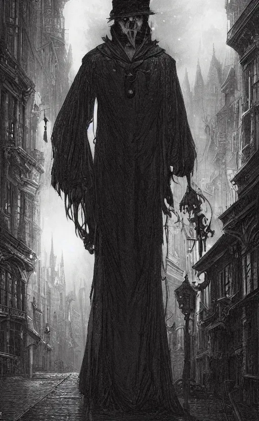 Image similar to A vampire lurks in the shadows of Victorian city in the night, illuminated by gas lamps, hyperdetailed, artstation trending, world renowned artists, worth1000.com, historic artworks society, antique renewel, cgsociety, by greg rutkowski, by Gustave Dore, Deviantart