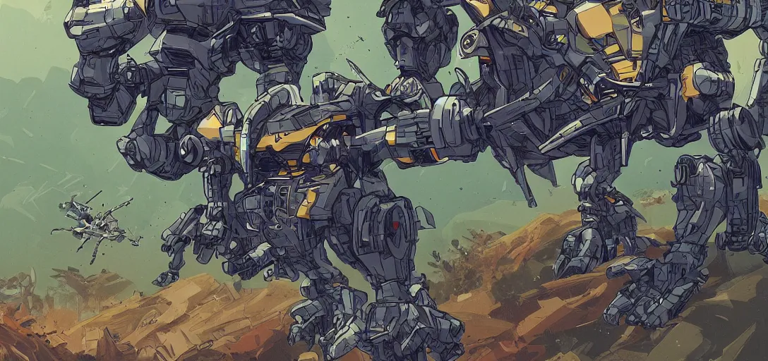 Image similar to mecha moving away from the spacecraft, sheet of vegetation and foliage, in the graphic style of Patrick Gleason and Matt James, detailed art, trending on Artstation, sharp focus, Beautiful comic art