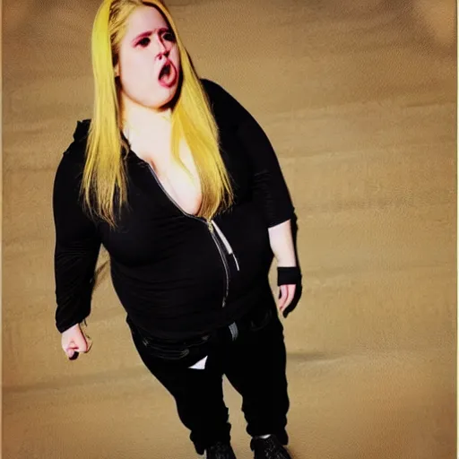 Prompt: morbidly obese avril lavigne crying in torn clothes