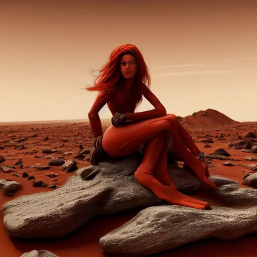 Image similar to Still of a Martian woman with gorgeous flowing hair on Mars, sitting on a Martian rock, reddish atmosphere with detailed highlights, dark gloomy sky cascading upon the atmosphere, well-detailed ornate Martian mountains in the background, trending on artstation, 4k, 8k