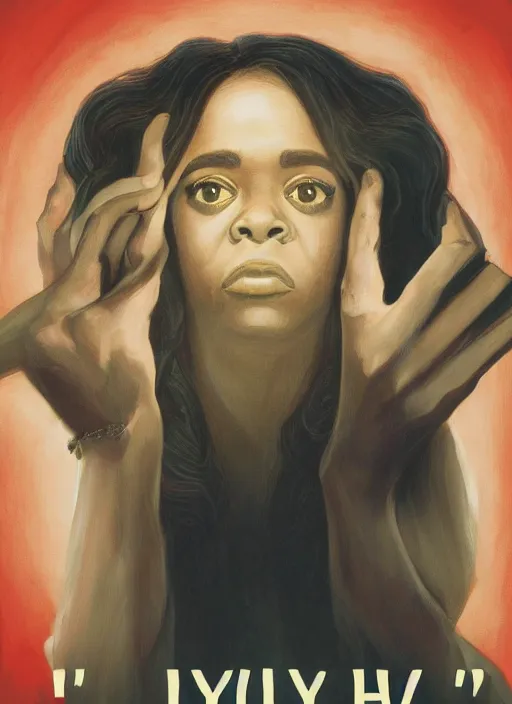 Prompt: psychological thriller I Only Have Eyes For You poster artwork the by Michael Whelan and James Jean, of Octavia Spencer has mysterious man's voice in her head telling her what to do, psychological thriller romance from scene from Twin Peaks, clean, beautifully rendered shaded but simple illustration, nostalgic, domestic, full of details