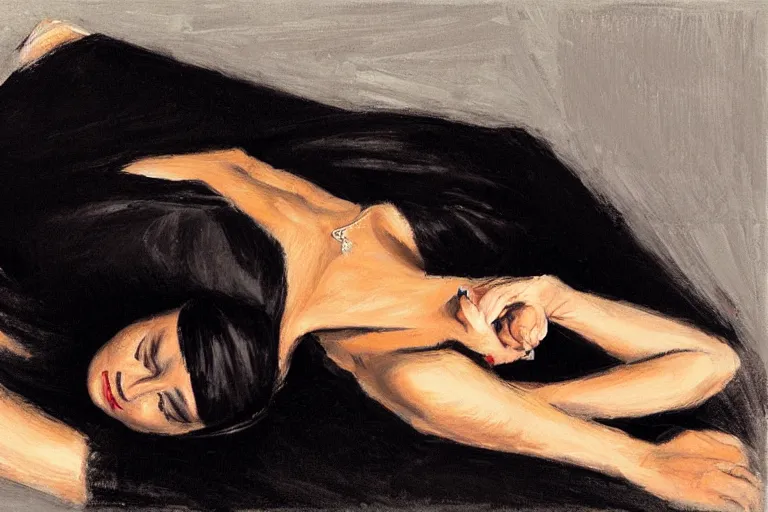 Prompt: Ground Level Shot, long shot of a beautiful dark haired woman wearing a black dress, laying on her back on a bed. by fabian perez