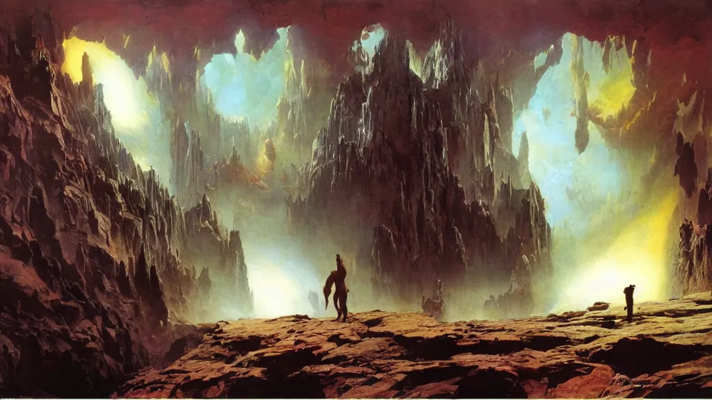 Image similar to journey to the center of the earth by frank frazetta and bruce pennington, cinematic matte painting