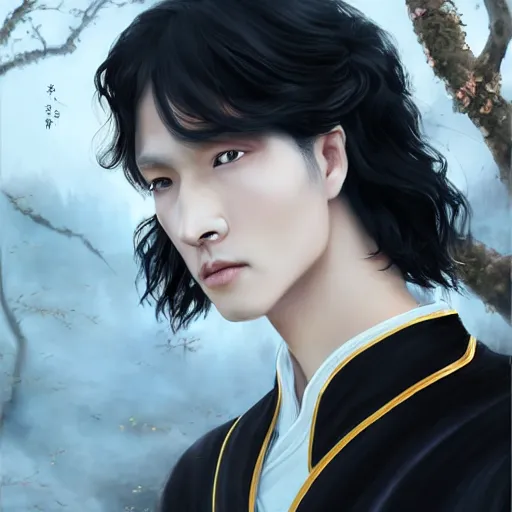 Image similar to a portrait of a young beautiful prince, golden eyes, long black hair, white hanfu, elegant, intricate, backlit, incredible lighting, strong rim light, subsurface scattering, photorealistic, epic beautiful landscape, cherry trees, highly detailed, digital painting, by Heise Jinyao, Heise-Lian Yan Fang, Feimo, Rossdraws, Sakimichan, HDRI, vivid colors, high contrast, 8k