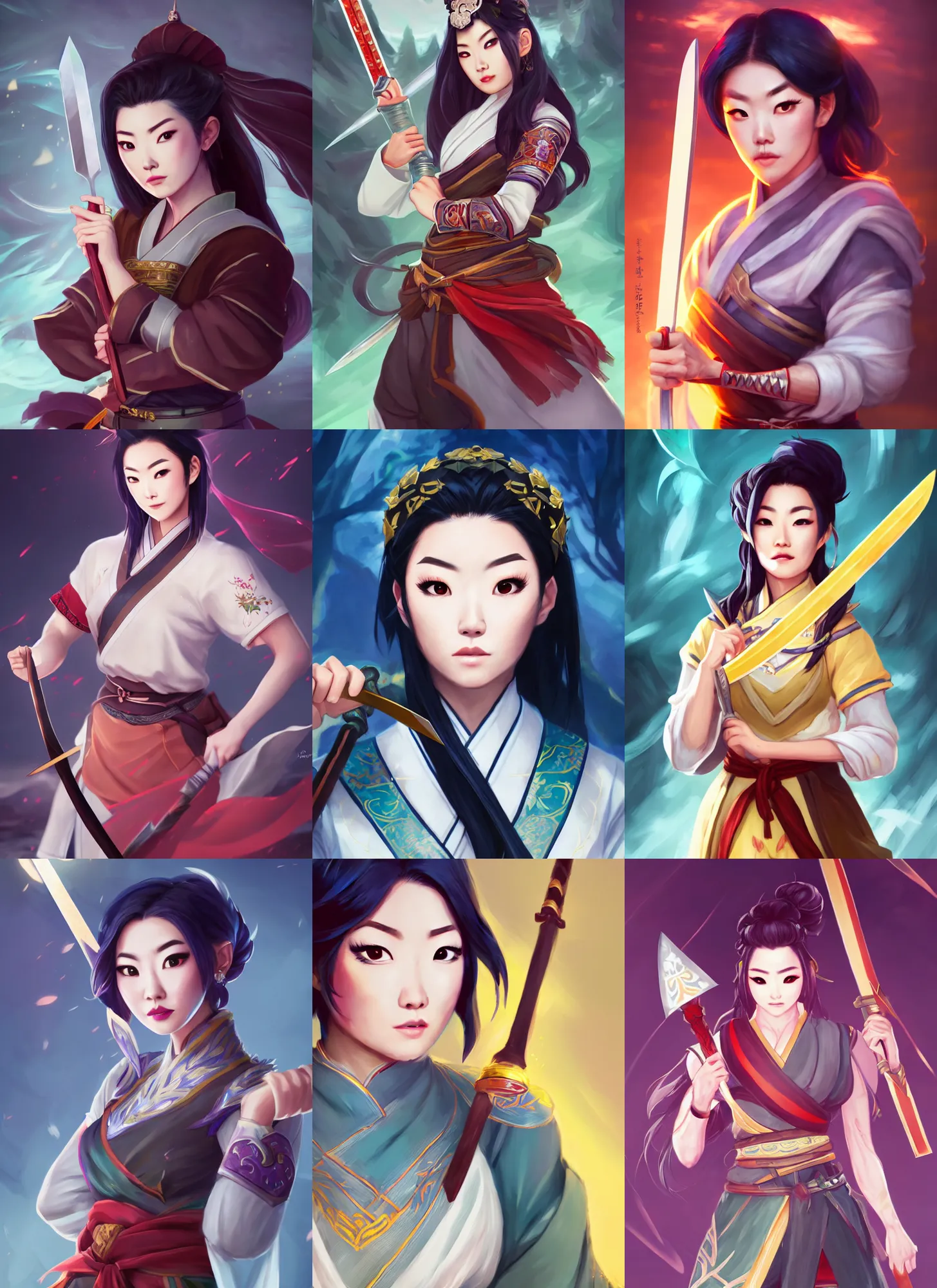 Prompt: a portrait of beautiful arden cho chef character with a radiant sword in her right hand in a fighting stance by ross tran and loish, sharp focus, detailed, cinematic, hanbok apron, 4 k, symmetrical face