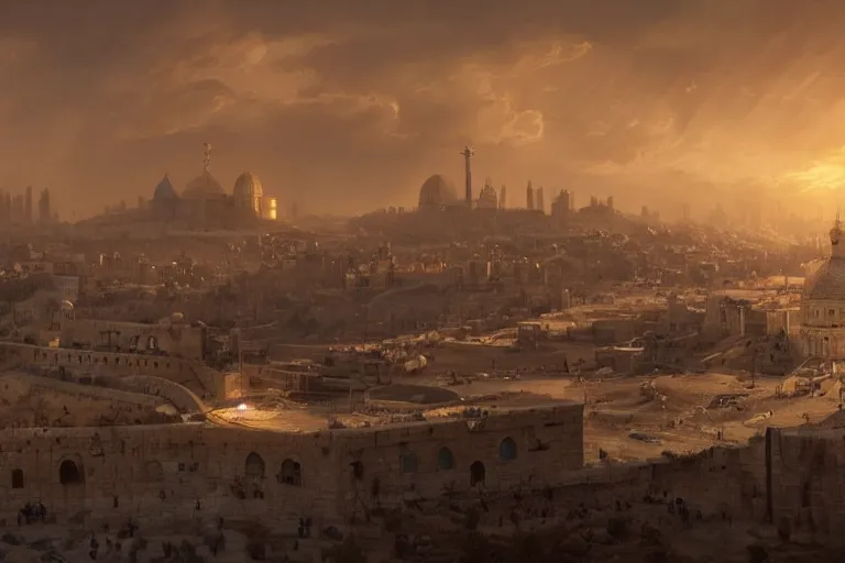 Image similar to jerusalem in the year 3 0 5 0, matte painting, long shot, concept art, wide shot, digital art, trending on artstation, 4 k, extremely detailed, realistic, midday, warm colors, golden sunlight, by greg rutkowski, cinematic, epic