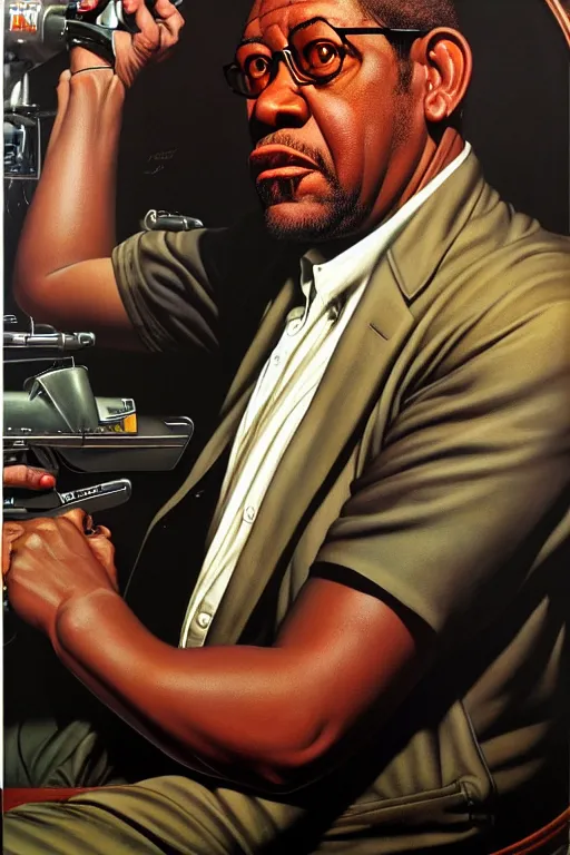 Image similar to forest whitaker by gil elvgren and norman rockwell and rob gonsalves and hajime sorayama, hyperrealistic, high detail, ultra detailed, highly detailed face, ruffled fabric