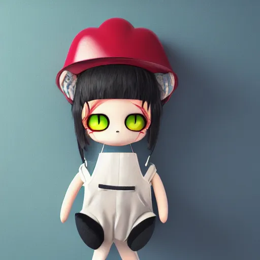 Prompt: cute fumo plush of an alien girl inoveralls black, three point lighting, color contrast, vray