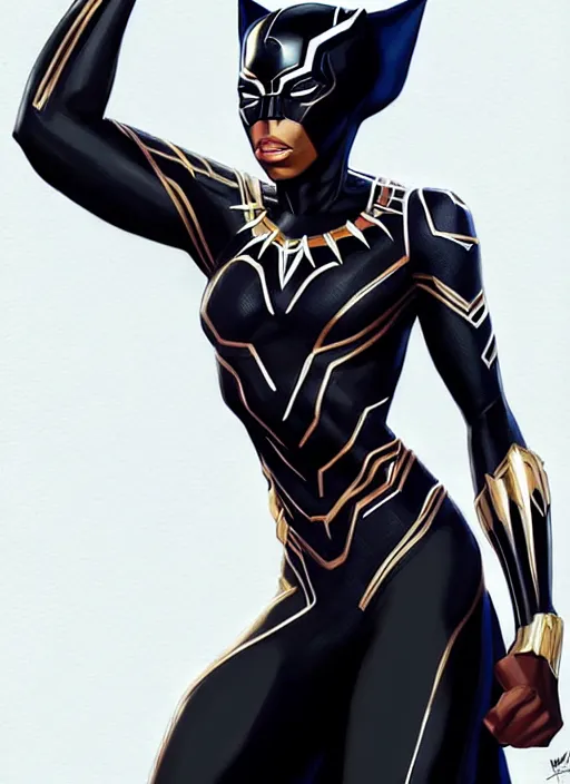 Image similar to full body portrait of marvel cinematic universe aaliyah haughton, black panther, elegant, wakanda, super hero, black outfit, highly detailed!! digital painting, artstation, glamor pose, concept art, sharp focus, illustration, art by artgerm and greg rutkowski, artey freytag