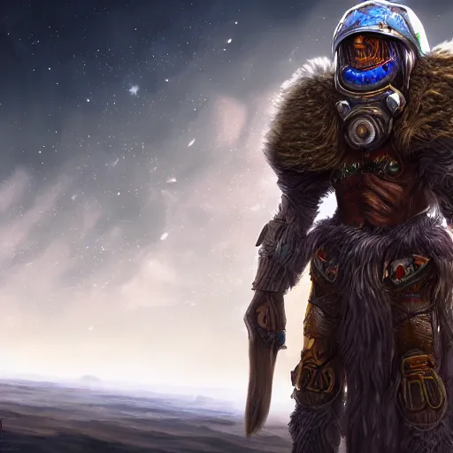 Image similar to space druid wearing ancient armor while traveling a barren planet, fantasy apocalypse, digital art, unreal engine, 4 k, highly detailed,