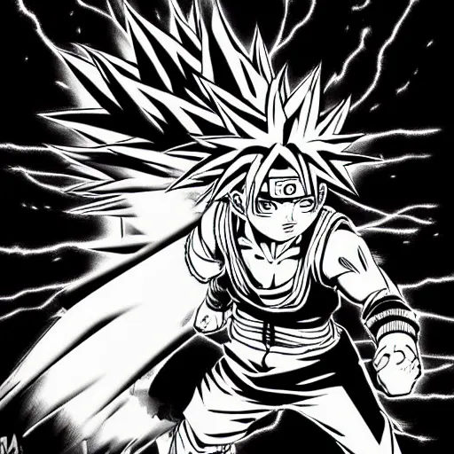 Prompt: Naruto going super saiyan by Kentaro Miura, highly detailed, black and white