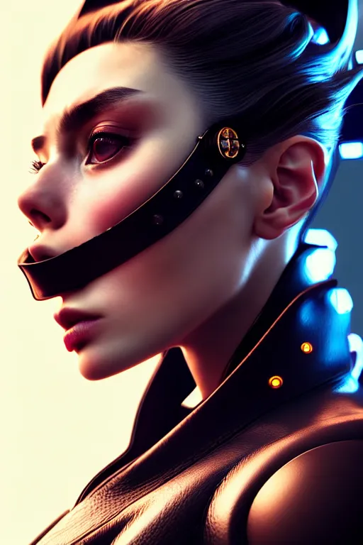 Image similar to hyperdetailed close portrait of a european woman in a leather suit with a pin in a cyberpunk city inspired by ross tran and wlop and masamune shirow and kuvshinov, concept art, intricate, photorealistic, octane render, rtx, hdr, unreal engine, dnd digital art by artgerm