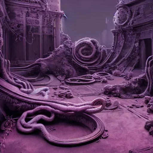 Prompt: soft painting curiosities fare tentacles world synthwave ruins, accurate features, focus, very intricate ultrafine details, black white purple, dense fog, award winning masterpiece, octane render 8 k hd, fantasy