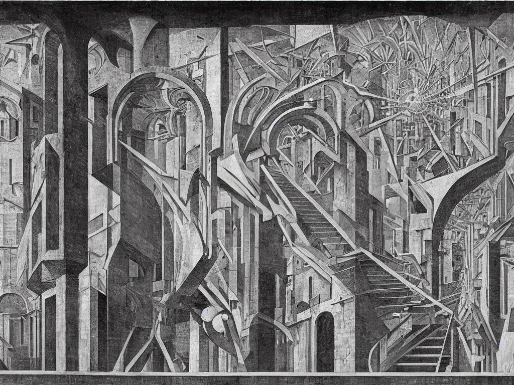 Prompt: The wise serpent knows the secret infinite stairs. Brutalist, doomed deserted industrial city. Solar flares. Piero della Francesca Rene Magritte, Jean Delville, Max Ernst, Escher