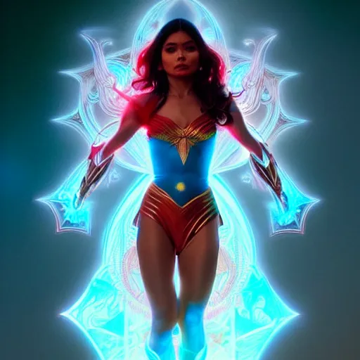 Image similar to lovi poe as darna, volumetric lights, red and cyan theme, art nouveau botanicals, intricate, highly detailed, digital painting, artstation, concept art, smooth, sharp focus, cinematic, illustration, beautiful face, art by artgerm and greg rutkowski and alphonse mucha