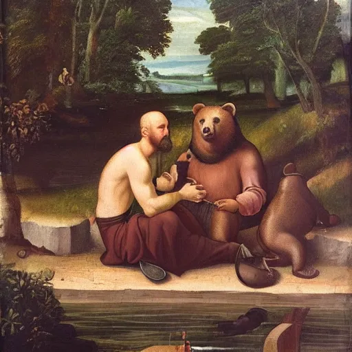 Prompt: a renaissance oil painting of a bear and a man with a goatee sitting by the river having a drink. - n 4