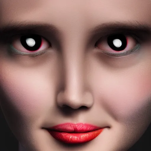 Prompt: a manically smiling female human face with hypnotizing eyes staring at the camera, uncanny valley, disturbing, weird,