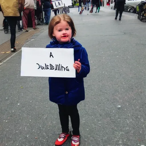 Prompt: a little girl holding a sign that says dublin