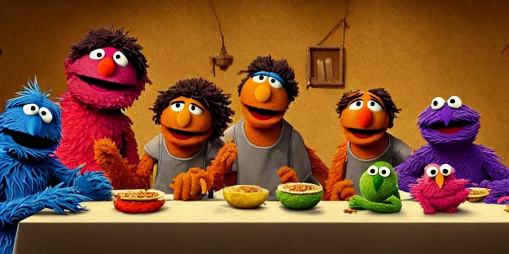 Prompt: sesame street last supper by greg rutkowski, digital painting, trending on artstation, sharp focus, 4 k