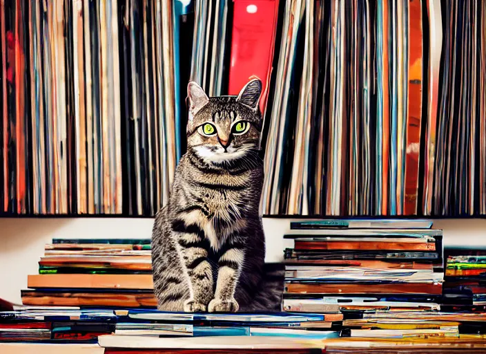 Image similar to photography of a Cat sitting on a pile of books and vinyls. a record player is in the shot. in a room full of vinyls and posters out of the 70's, photorealistic, raining award winning photo, 100mm, sharp, high res