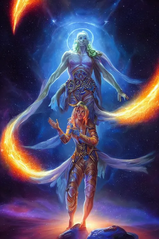 Image similar to beautiful oil painting with high detail of a astral traveller with stars and plasma in the background, hybrid from dungeons and dragons and art direction by James Cameron ;by artgerm; wayne reynolds art station; cinematic quality character render; low angle; ultra high quality model; production quality cinema model;