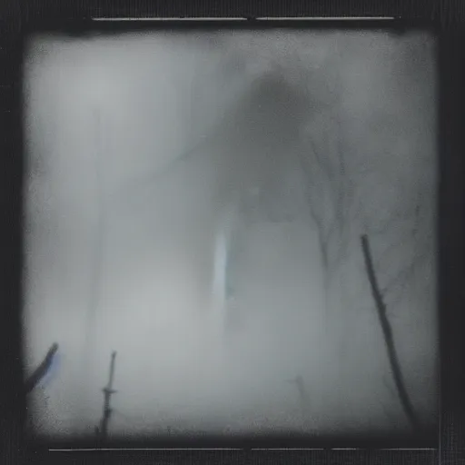 Image similar to blurry Polaroid of a cryptid emerging from the mist