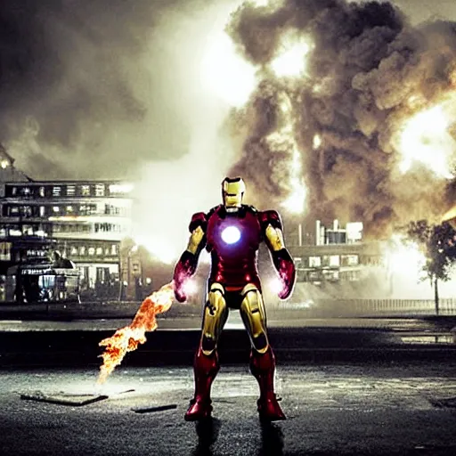 Prompt: < photo hd stunning reimagined mood = gritty gaze = camera > iron man poses with a flamethrower as a city burns in the background < / photo >