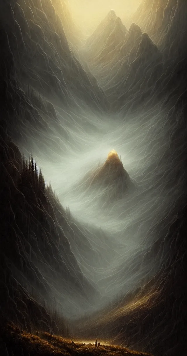 Image similar to epic professional digital art of hungry foreboding mountain, faint golden moody atmospheric lighting, painted, intricate, detailed, detailed, foreboding, by leesha hannigan, wayne haag, reyna rochin, ignacio fernandez rios, mark ryden, iris van herpen,, epic, stunning, gorgeous, much wow, cinematic, masterpiece.