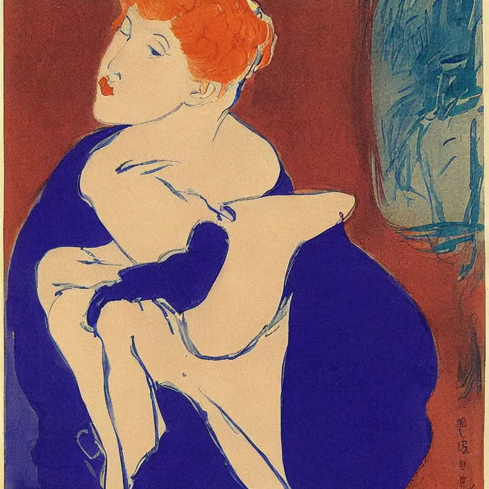 Image similar to blonde woman with scorpion. violet, cobalt blue, cherry red. henri de toulouse - lautrec, utamaro, matisse