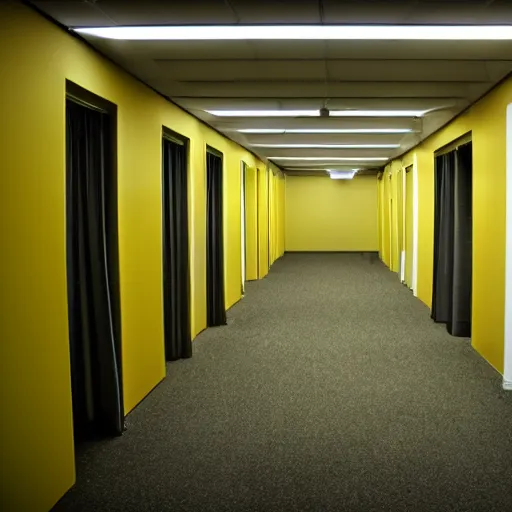 Image similar to Backrooms, old moist carpet, mono-yellow, fluorescent lights, randomly segmented rooms, creepy